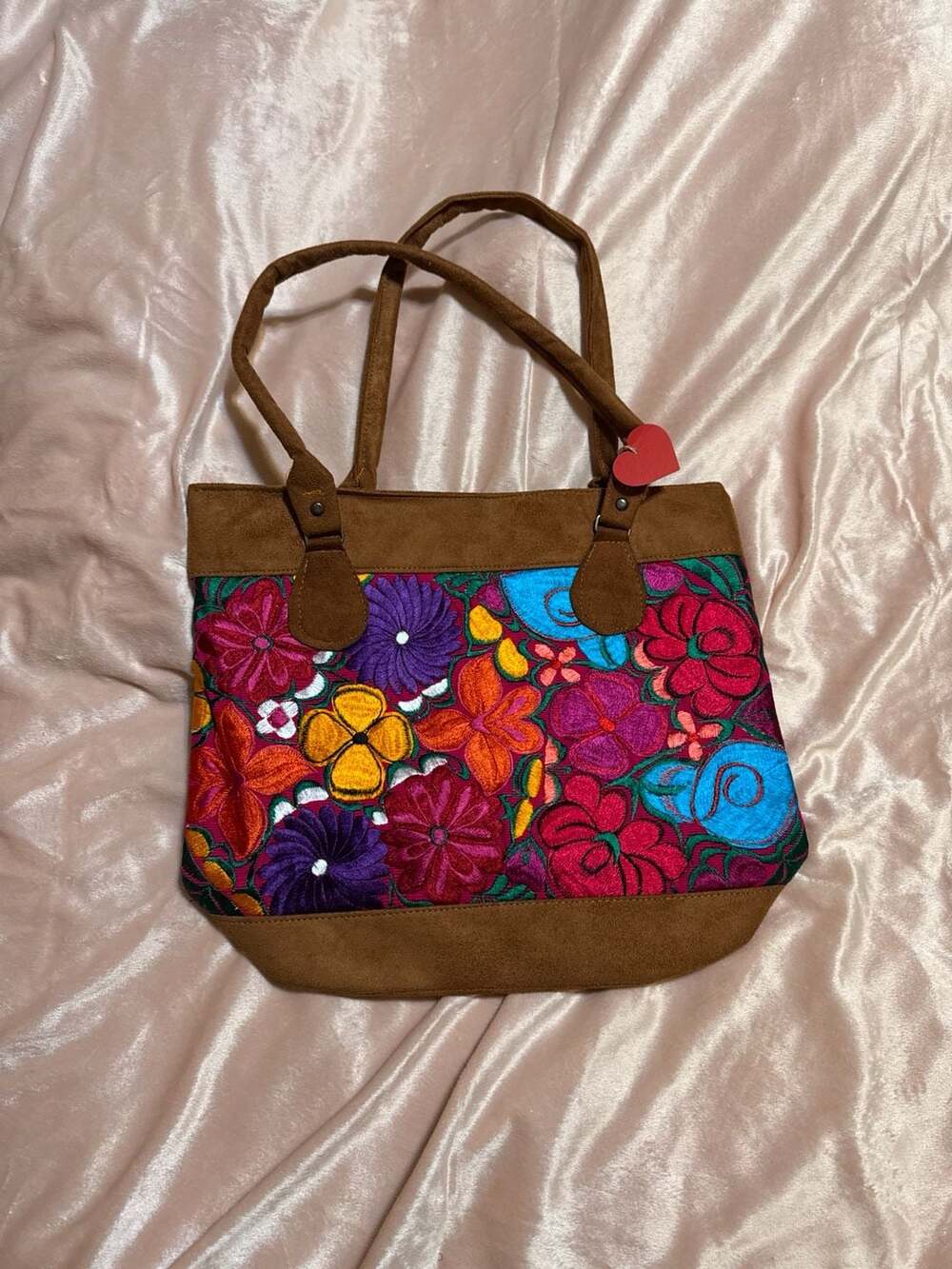 Handmade Mexican Floral Embroidered Gamuza Faux Suede Tote Bag